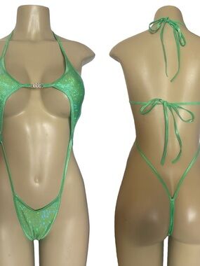 Shimmer Green Micro Cutout Bikini with Rhinestone Accent